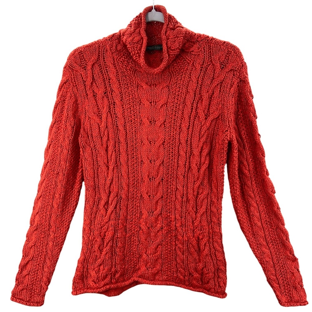 Lauren Ralph Lauren Sweater Womens Small Orange Cable Knit Funnel neck